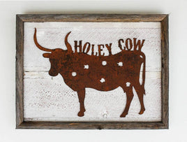Funny WEstern Long Horn Cow with "holey cow" across the top framed in a barnwood frame. Funny Farmhouse sign.