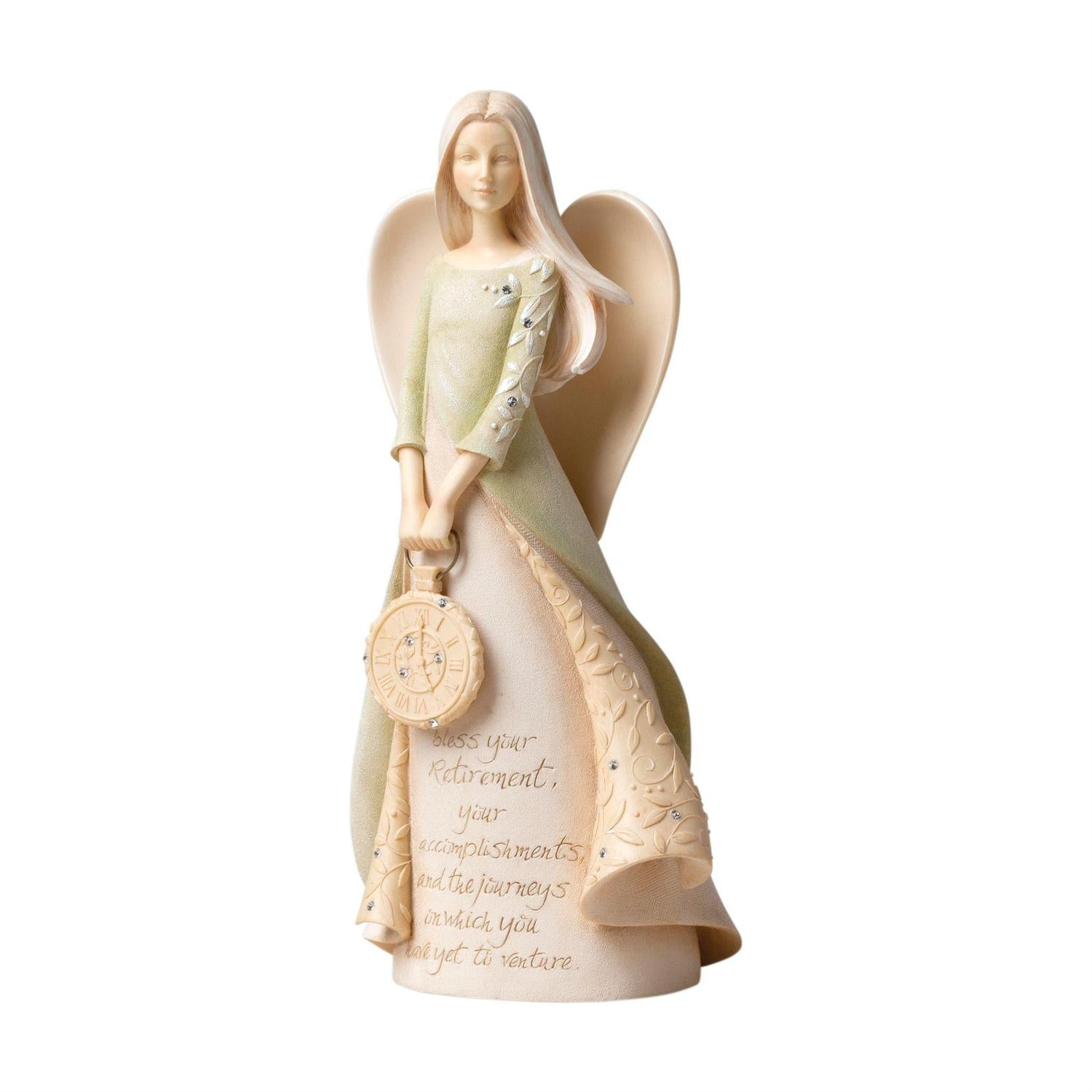 Retirement Blessings Angel 9.5 inches tall with "Bless your retirement, your accomplishments, and the journeys on which you have yet to venture" message. Enesco's Simply Inspired Angels Collection.