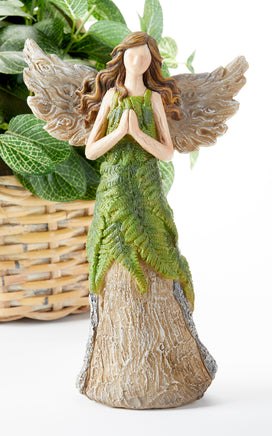 Woodland Fairy Figurine 9.6" tall with green fern dress and tree base and wings.