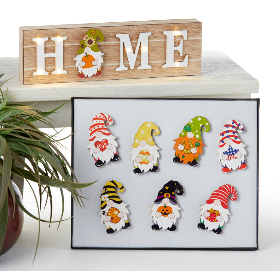 Wood "HOME" Sign w/Seasonal Gnome Magnets