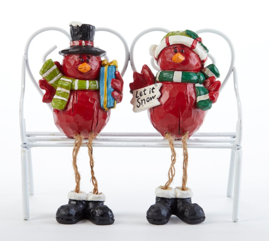Festive Red Cardinal Figurines all dressed up and ready for colder weather. Ready to sit on shelf or window sill.