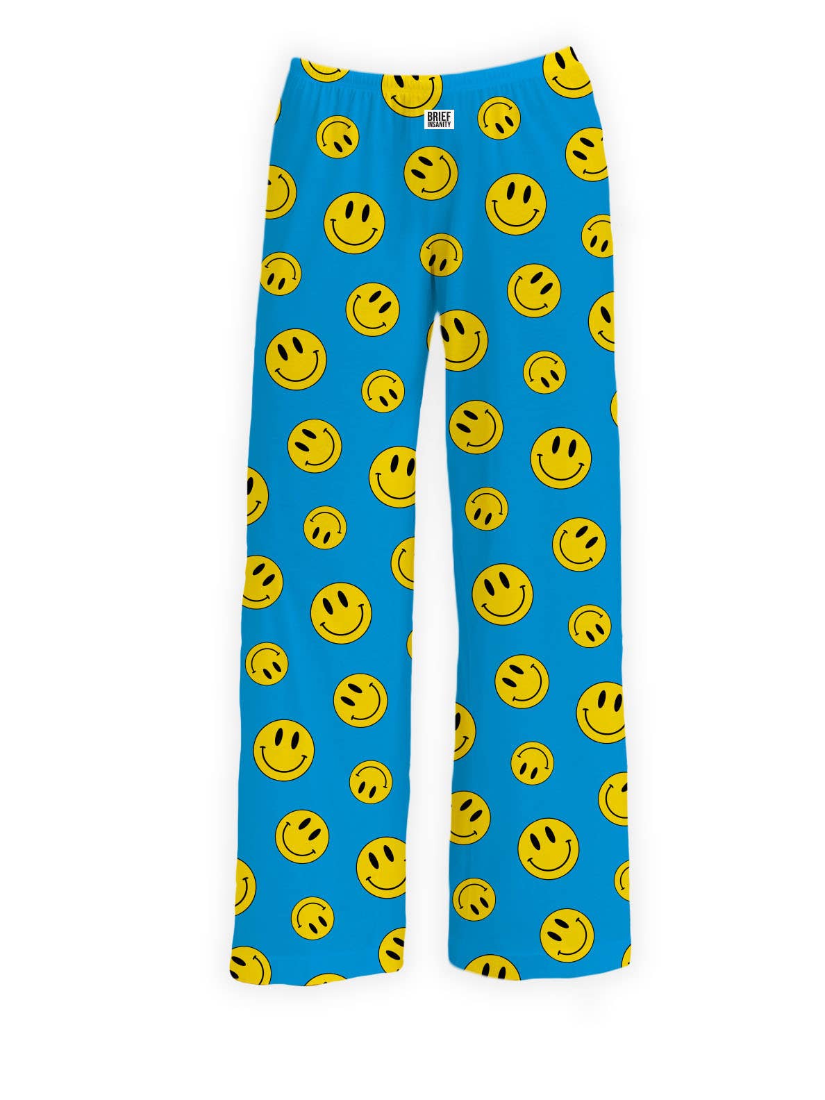 Light blue unisex lounge pants covered in smiley faces, showcasing the breathale, lightweight polyester fabric designed for ultimate comfort.
