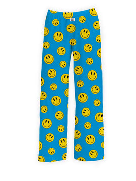 Smiley Face Fun Sleepwear Lounge Pants in a light blue color with bright yellow smiley faces all over print.