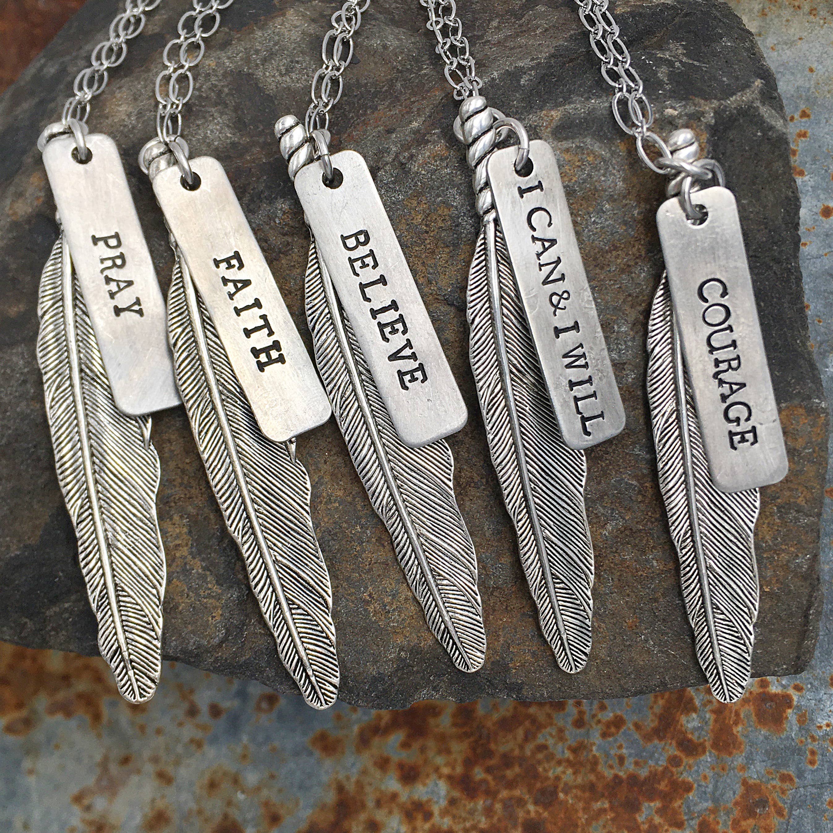 Necklace Handstamped Breathe with Wandering Feather 30 inch