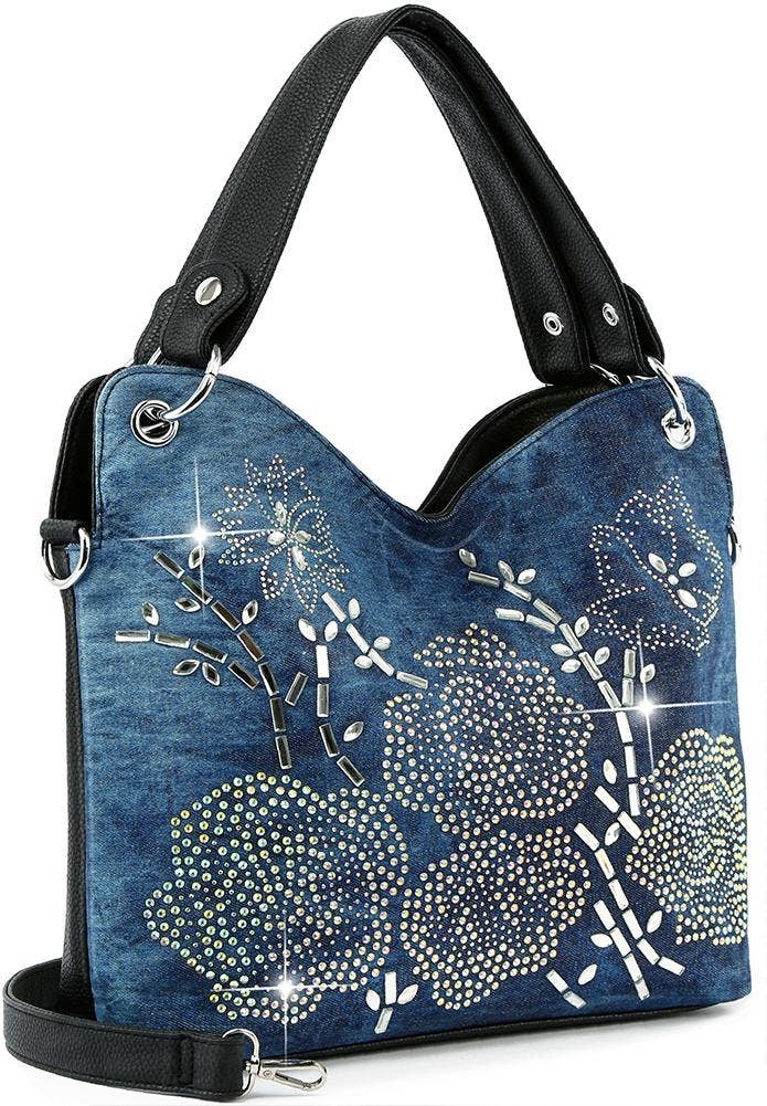 Rhinestone Flower Design on Blue Handbag