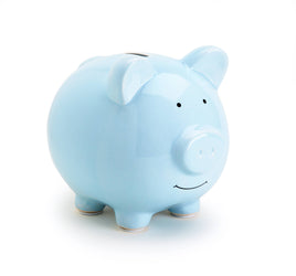 Light Blue Pig Piggy Bank made of ceramics with rubber stop bottom. Perfect gift for baby shower or birthday. Teach kids about money.