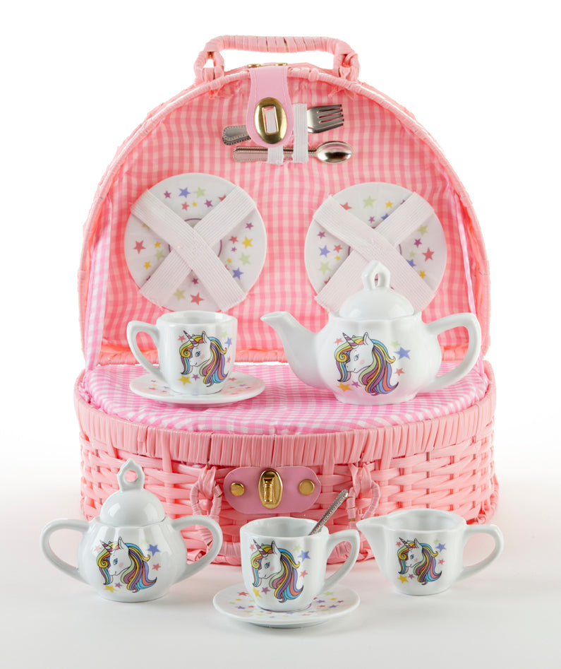 Porcelain Little Girls Tea Set in Basket, Unicorn