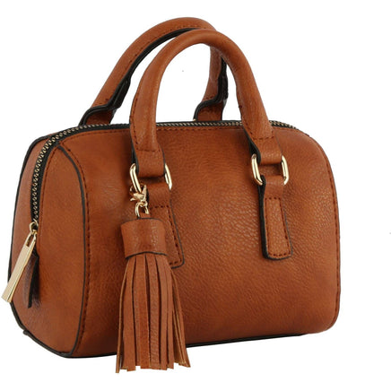 Fashion handbag with tassel accent and gold chain strap. Gold accent hardware and a matching tassel.