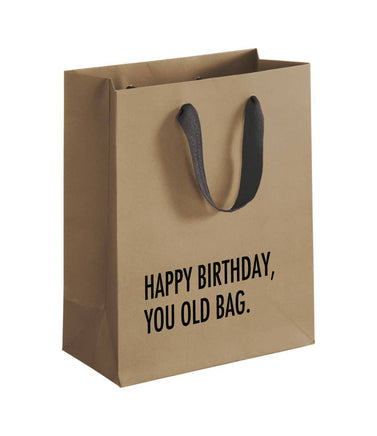 Funny Gift Bag for milestone birthday that has "Happy Birthday, You Old Bag" printed on brown kraft gift bag