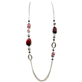 Necklace Silver Red Marble Stone Pattern Long 18 inch
