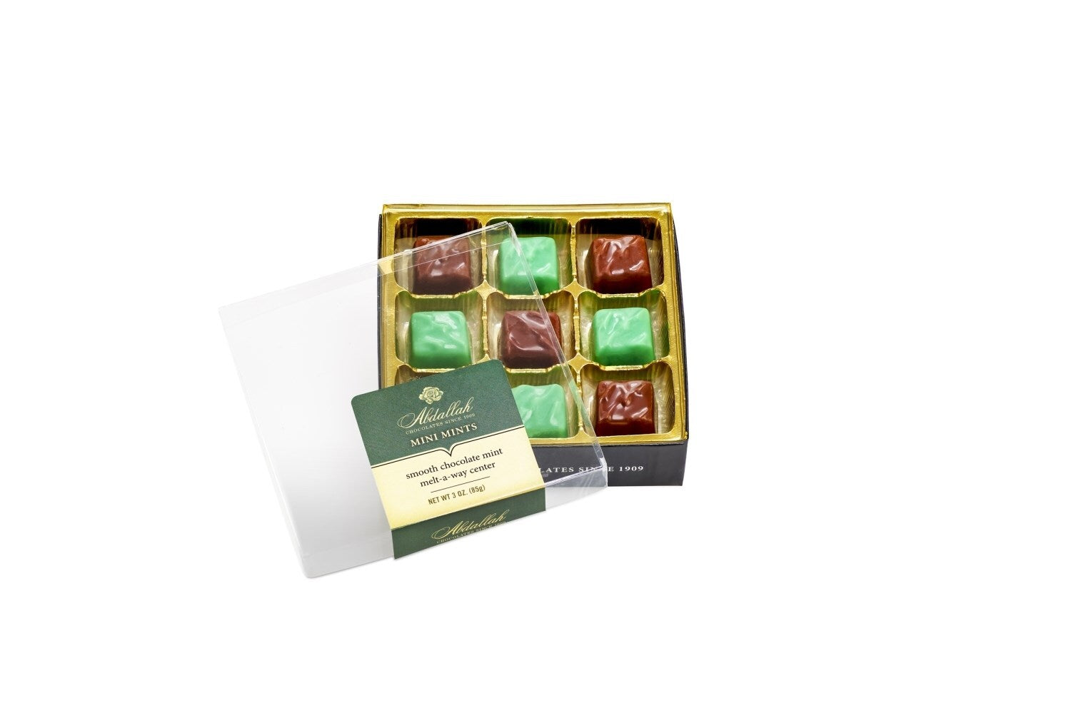 Abdallah Chocolate Mini Mints with a smooth chocolate mint melt-a-way center. 3 oz Gift Box of Chocolates.
