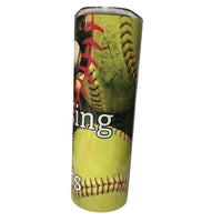 Busy raising ballers baseball softball design on 20 oz skinny stainless steel tumbler with clear lid and straw view 4