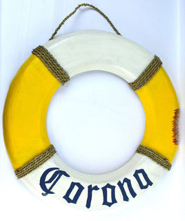 Corona tropical life saver ring wood sign for beach or lake decor, 15" round.