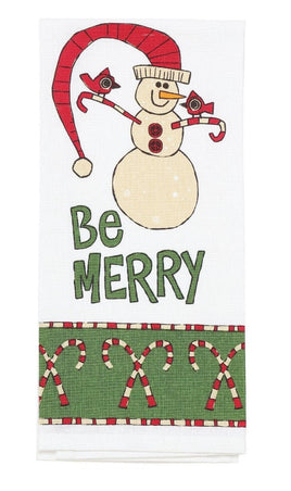 Candy Cane Be Merry Snowman Cotton Tea Towel for the Winter Holiday season