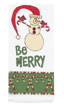 Candy Cane Be Merry Snowman Cotton Tea Towel for the Winter Holiday season