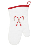 Candycane Christmas Snowman oven mitt with candycanes on backside of oven mitt from the Izzy and Oliver collection.
