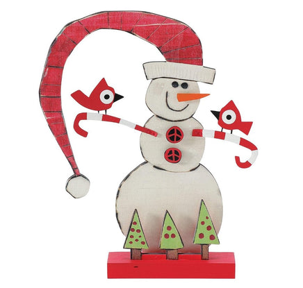 Candycane Christmas Snowman Wood decor from Izzy and Oliver 9 inches tall x 8 inches wide