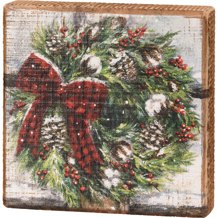 Winter Christmas Wreath Rustic wooden block sign 5 inches x 5 inches