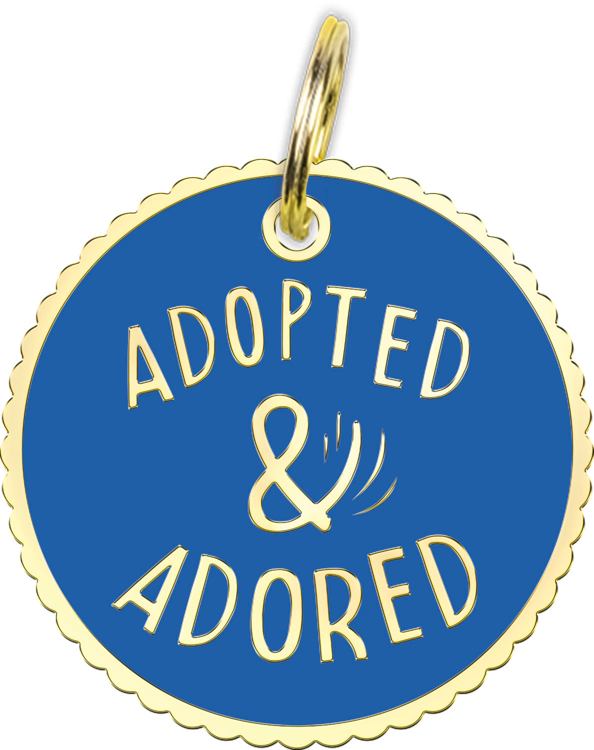Adopted and Adored Blue with gold metal split ring pet collar charm for dog or cat