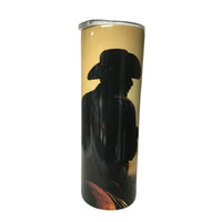 Cowboy Rules with Cowboy on horseback at sunset on 20 oz skinny stainless steel tumbler with clear lid and straw  view 1