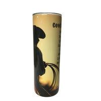 Cowboy Rules with Cowboy on horseback at sunset on 20 oz skinny stainless steel tumbler with clear lid and straw  view 2