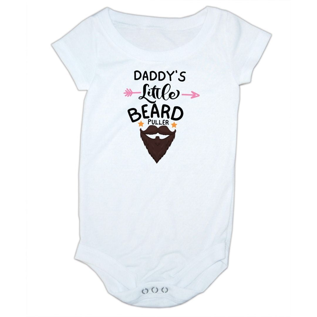 white baby bodysuit featuring 'Daddy's Little Beard Puller' design, ideal for new dads of baby girls