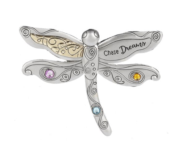 Dragonfly Chase Dreams Glimmers Car Visor Clip in silver and gold colors 