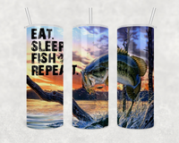 Eat Sleep Fish Repeat 20 oz stainless steel skinny tumbler coffee drink thermos with clear sliding lid and straw