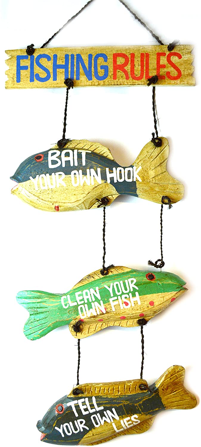 Fishing rules novelty sign with fish rules on 3 fish. Perfect decor for fish house, lake, river, beach house