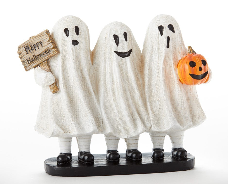 Trio of Ghosts Figurine with Happy Halloween sign and jack-o-latern.
