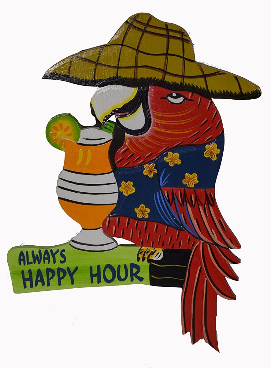 Always happy hour parrot with drink and sun hat tropical beach or lake house decor novelty sign