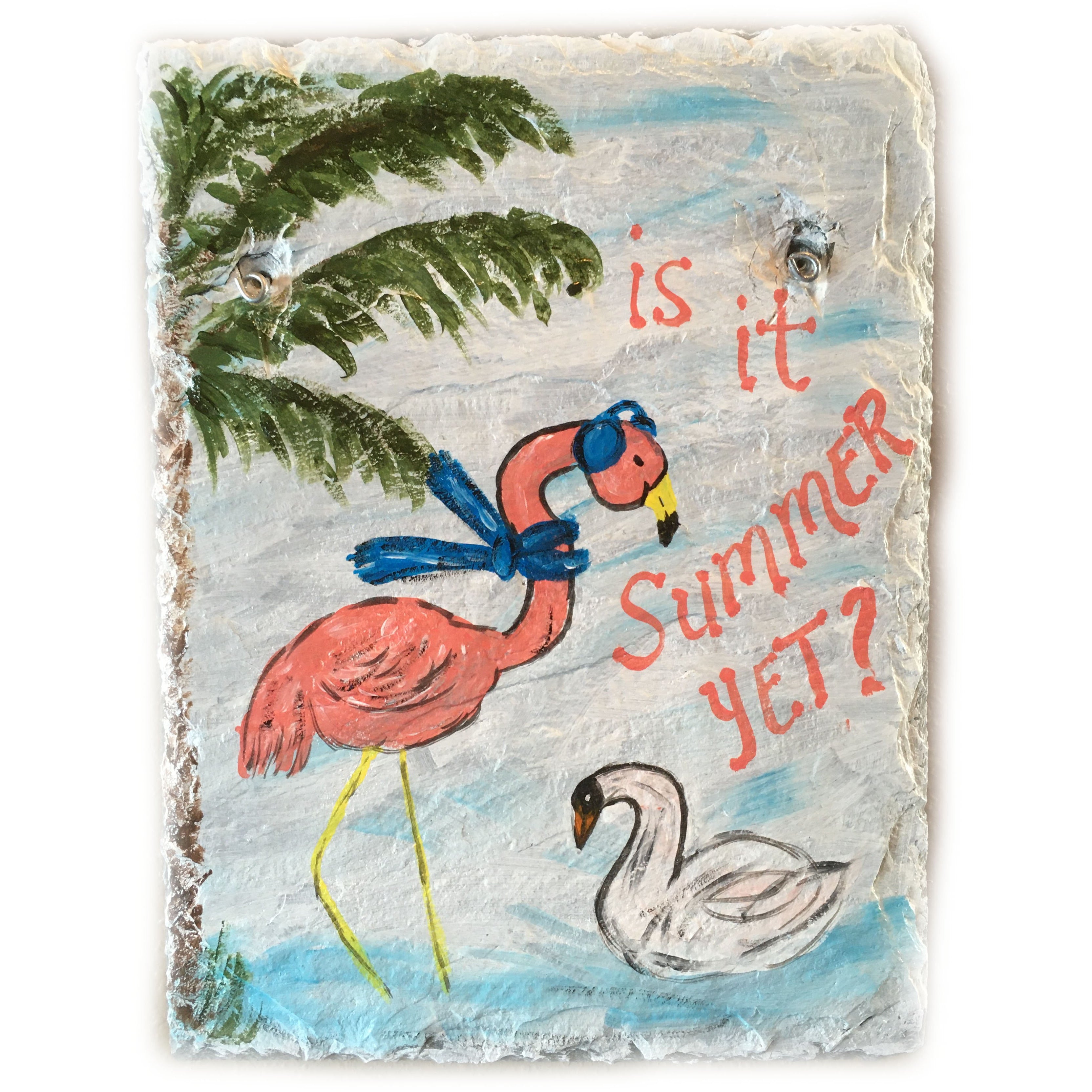 Winter Flamingo painted in acrylics on Slate Tile