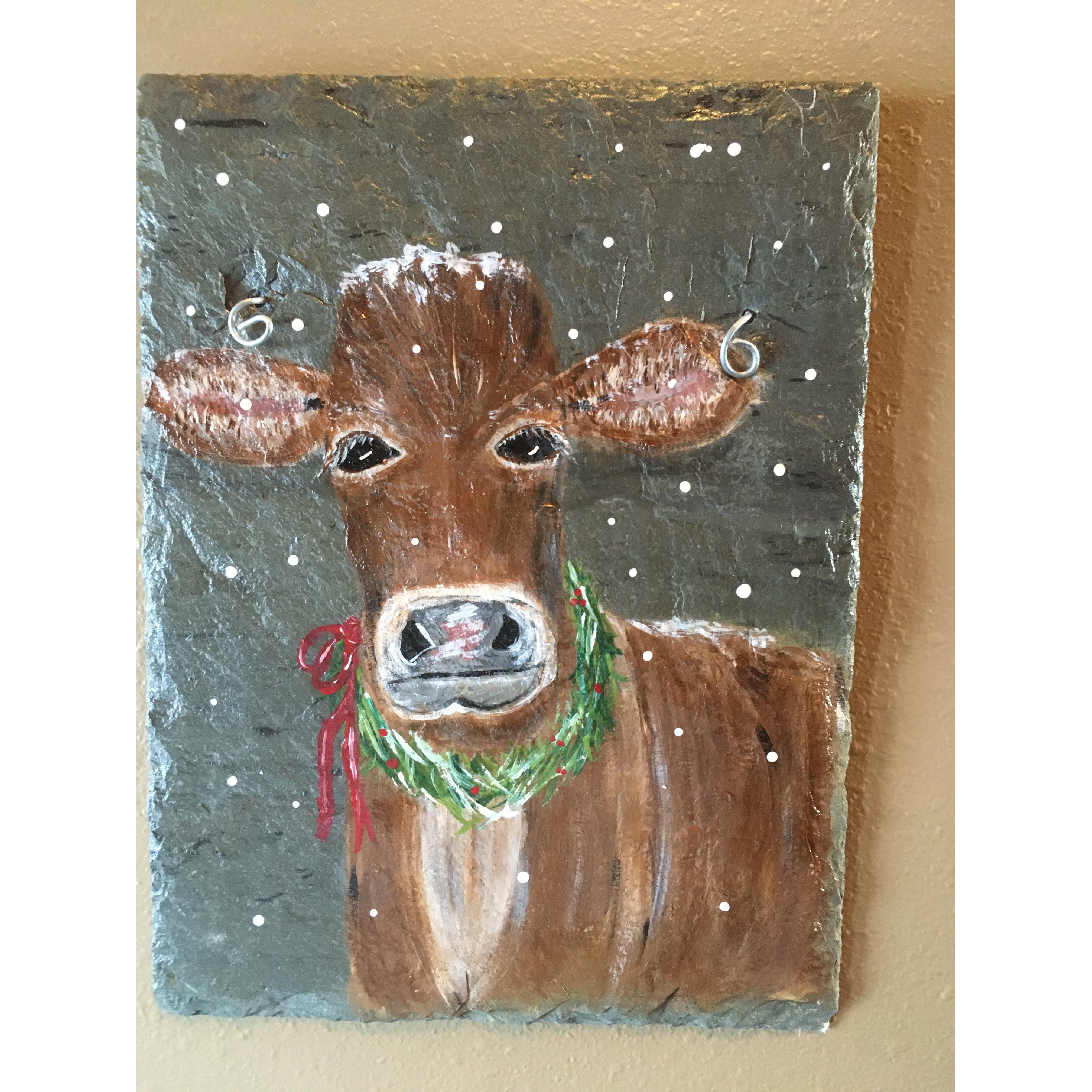Rustic Farmhouse Holiday Jersey Cow Painted on Slate 9 x 12 inches
