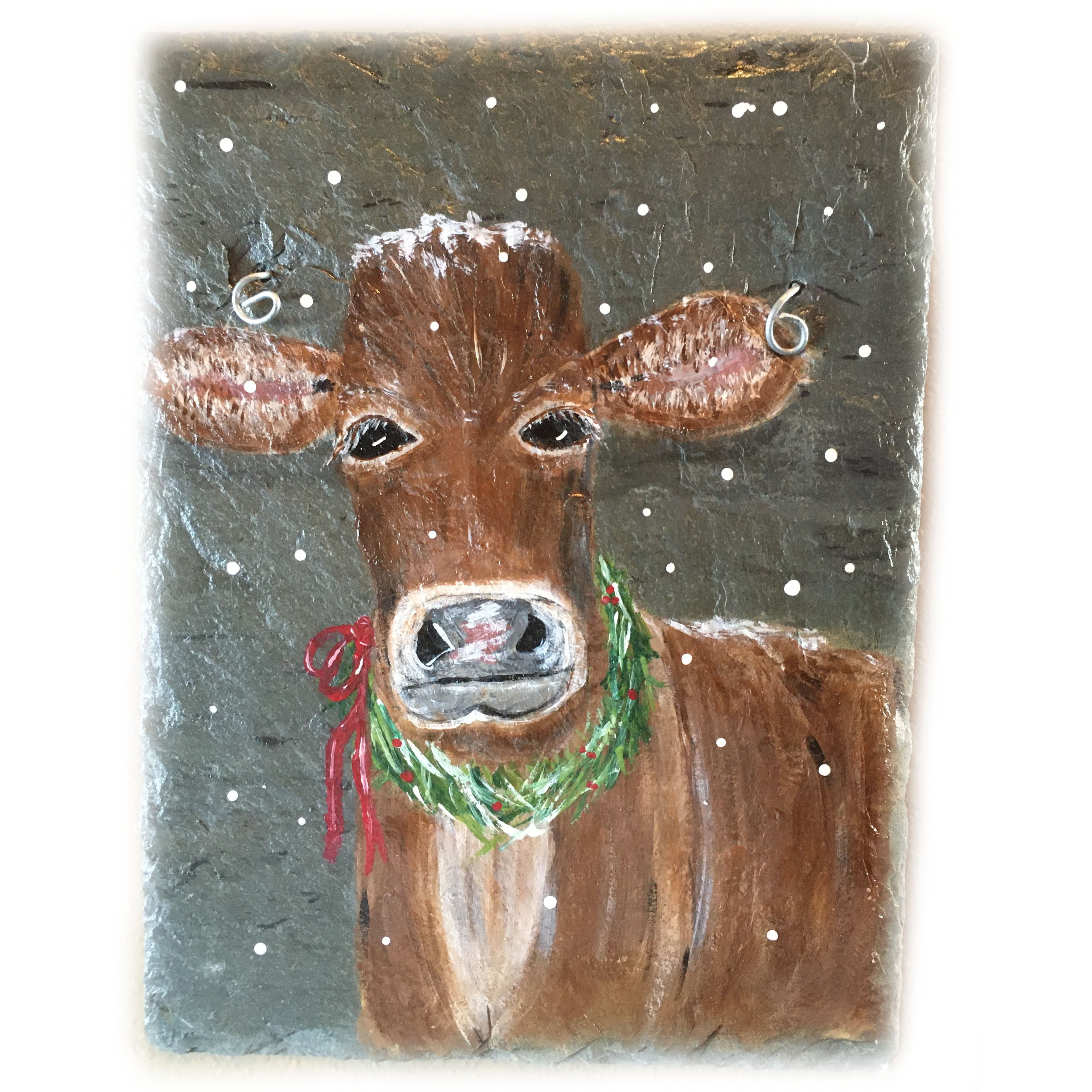 Rustic Christmas Jersey Cow Slate painting