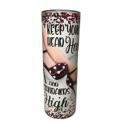 Keep your head heels and standards high red polka dot high heeled shoes on white with red glitter background 20 ounce stainless steel skinny tumbler with lid and straw view 2