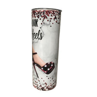 Keep your head heels and standards high red polka dot high heeled shoes on white with red glitter background 20 ounce stainless steel skinny tumbler with lid and straw view 3