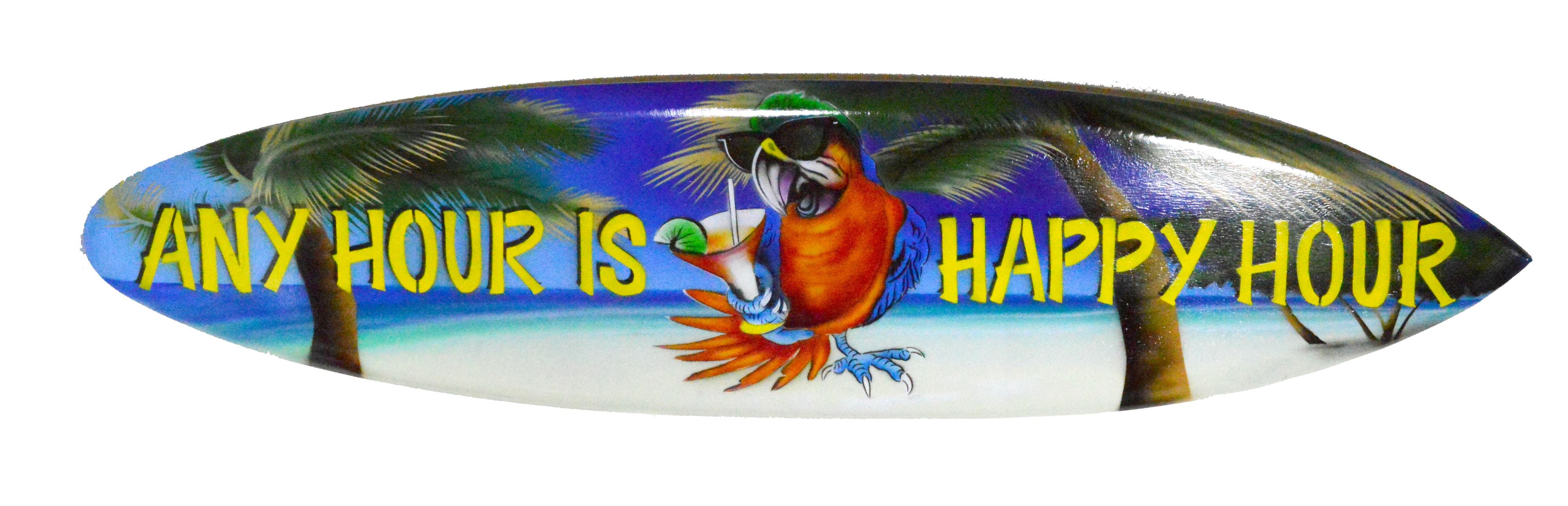 Any hour is happy hour with this airbrushed faux surfboard tropical colors sign in the shape of a surboard with polly the parrot drinking a cocktail