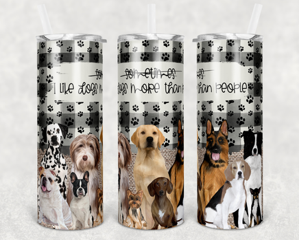 Lots of dogs tumbler with I love dogs more than people saying on black plaid 