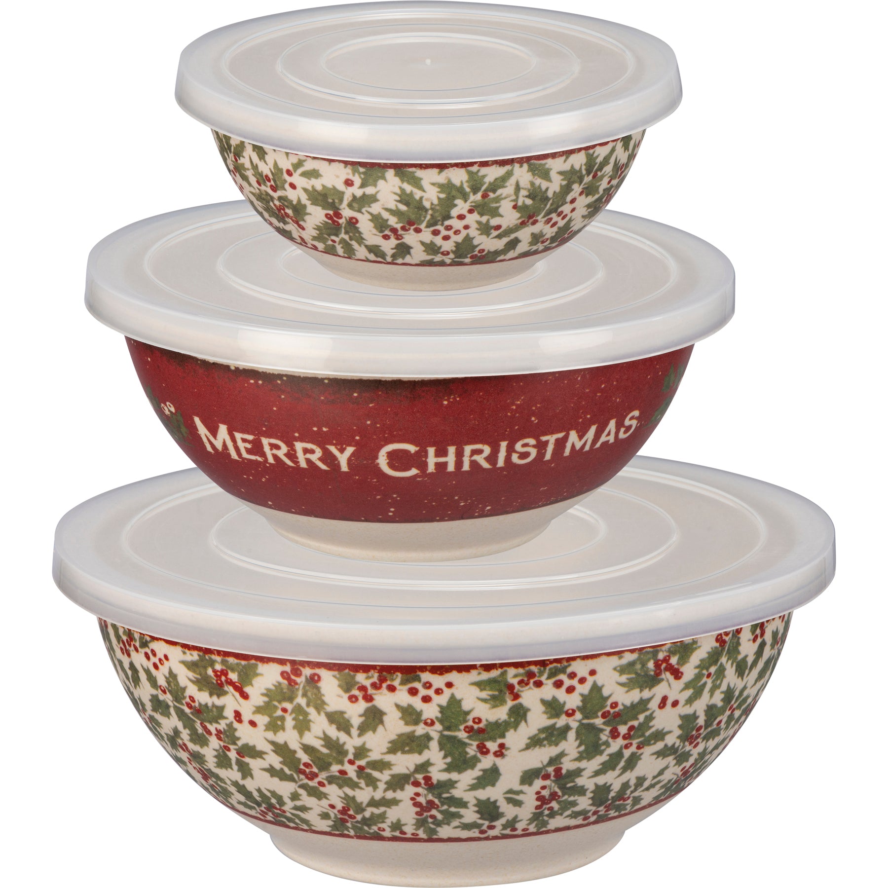 Merry Christmas Bowl Set of 3 nesting bamboo bowls with vintage inspired Christmas designs.