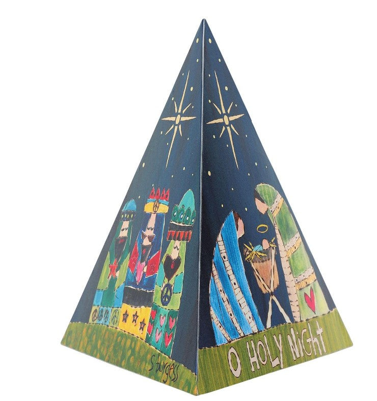 Three kings, Mary, Joseph and baby Jesus O holy night on a triangle  metal decor centerpiece