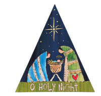 O Holy Night Mary and Joseph with Baby Jesus under the star of Bethlehem on Nativity Triangle Metal Decor Piece from Izzy and Oliver