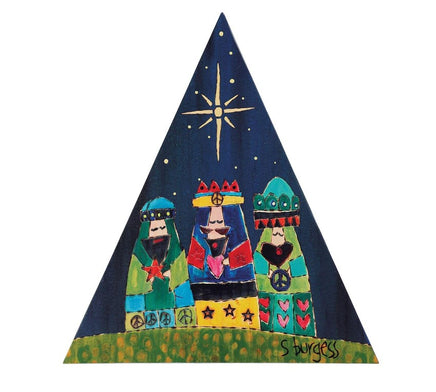 Three kings travel to bethlehem to see little baby Jesus on this adorable Nativity Triangle Decor piece for the Christmas Holiday decor