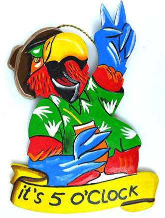 Tropical parrot with cocktail and peace sign with it's 5 O'clock on it.