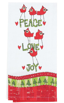 Peace Love and Joy Christmas Tea Towels with red whimsical birds from the Izzy and Oliver collection