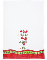 Peace Love and Joy Christmas Tea Towel with whimsical red birds full view.