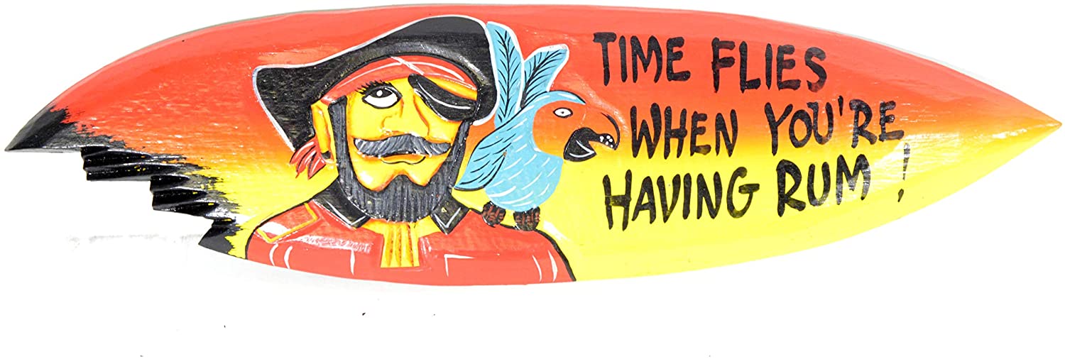 Time flies when your having rum small surfboard shaped sign painted with bright colors featuring a parrot and pirate.