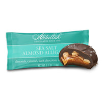 Abdallah Candies Sea Salt Almond Alligator with caramel and almonds dipped in dark chocolate and topped with sea salt .5 oz single serving