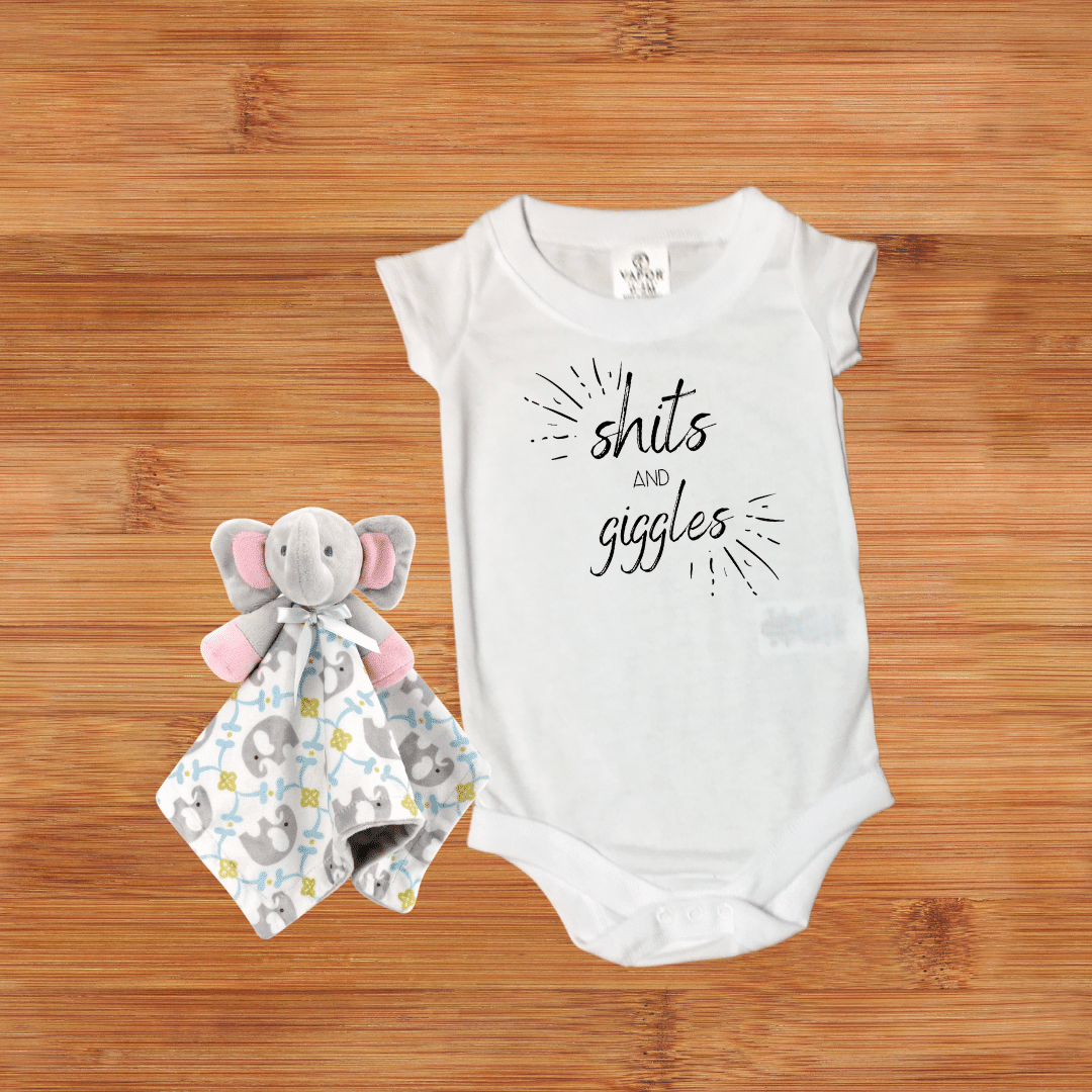 Funny baby one piece bodysuit with shits and giggles graphic design for infant jumpsuit