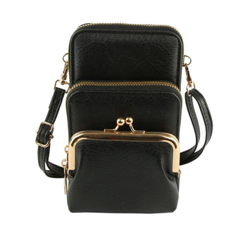 Small black crossbody phone bag with double zipper pockets and adjustable strap.