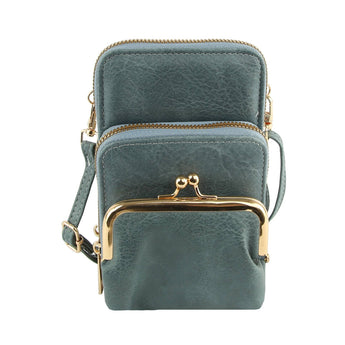 Small blue crossbody phone bag with double zip pockets and adjustable strap.